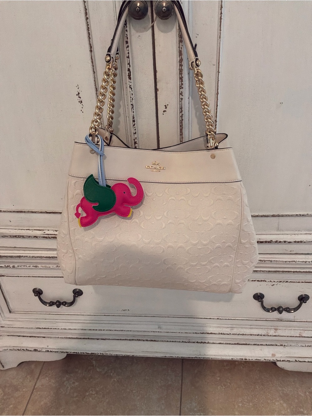 Coach Cream lexy and Pink Signature Tote with Gold Logo